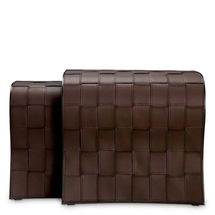 Eichholtz Marcello set of 2 curved side tables in dark brown faux leather with basket-weave pattern