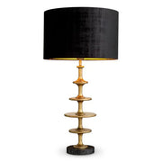 Eichholtz Table Lamp Rosetti with sculptural vintage brass stacked-disc stem, black granite base and large black fabric shade