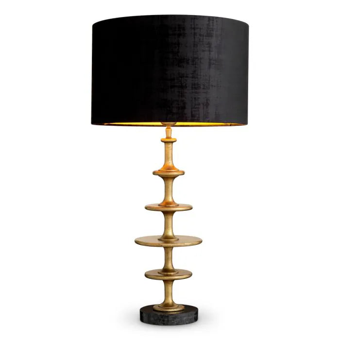 Eichholtz Table Lamp Rosetti with sculptural vintage brass stacked-disc stem, black granite base and large black fabric shade