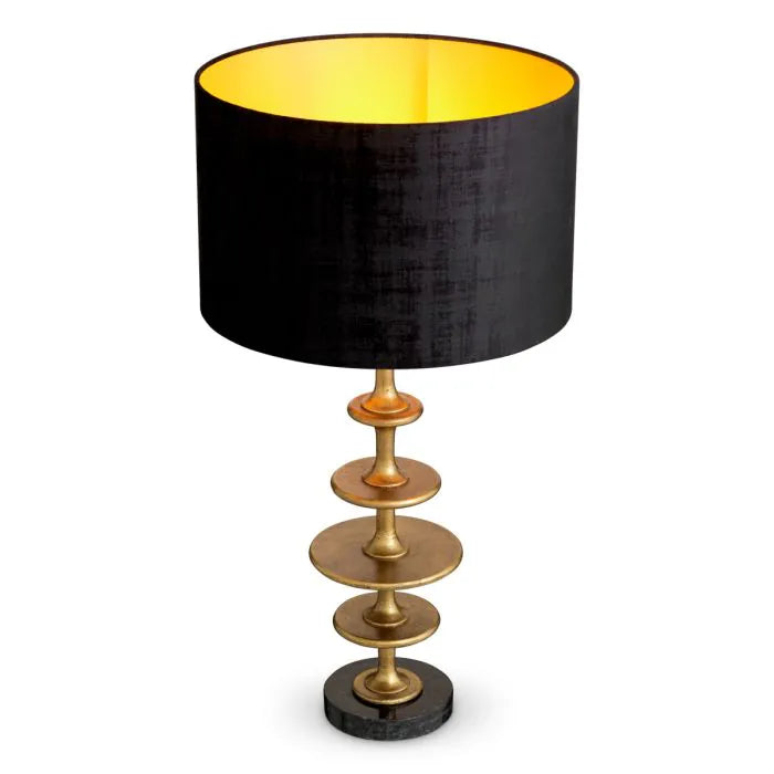 Eichholtz Table Lamp Rosetti with sculptural vintage brass stacked-disc stem, black granite base and large black fabric shade