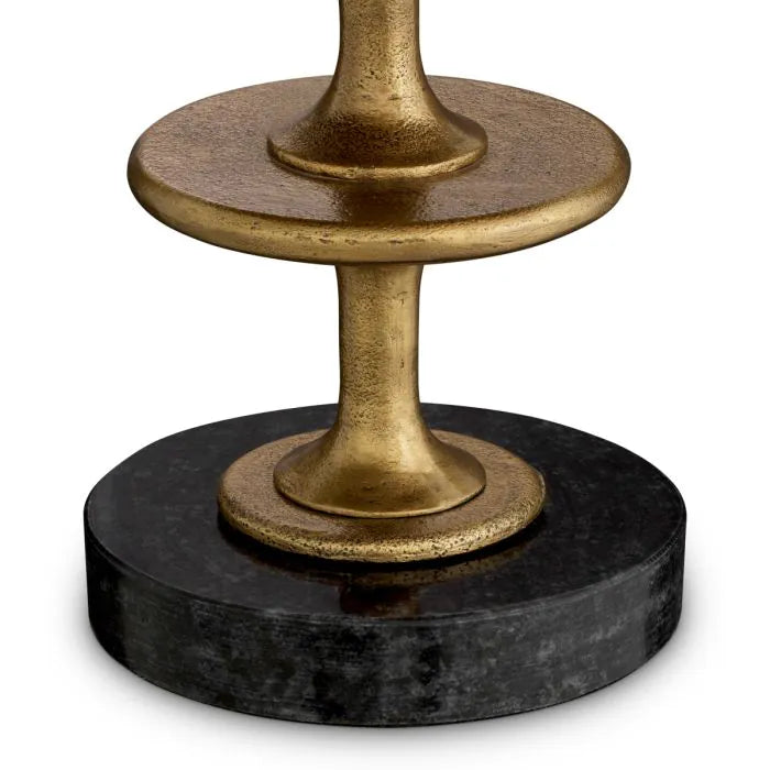 Eichholtz Table Lamp Rosetti with sculptural vintage brass stacked-disc stem, black granite base and large black fabric shade