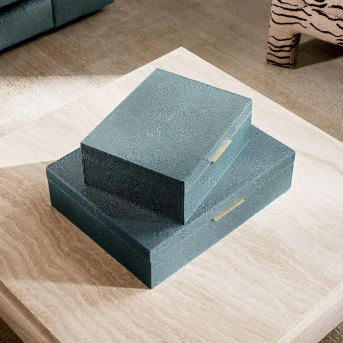 Eichholtz Box Menton S in blue faux shagreen with brass handle