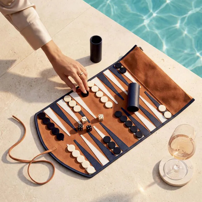 Eichholtz Backgammon Travel Set Monte Lago in blue leather and orange suede