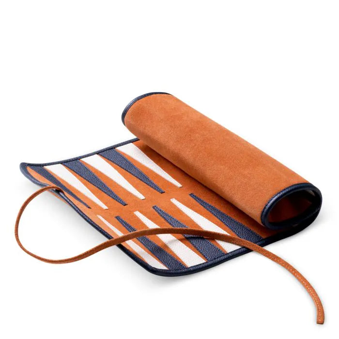 Eichholtz Backgammon Travel Set Monte Lago in blue leather and orange suede