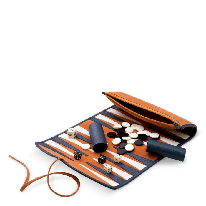 Eichholtz Backgammon Travel Set Monte Lago in blue leather and orange suede
