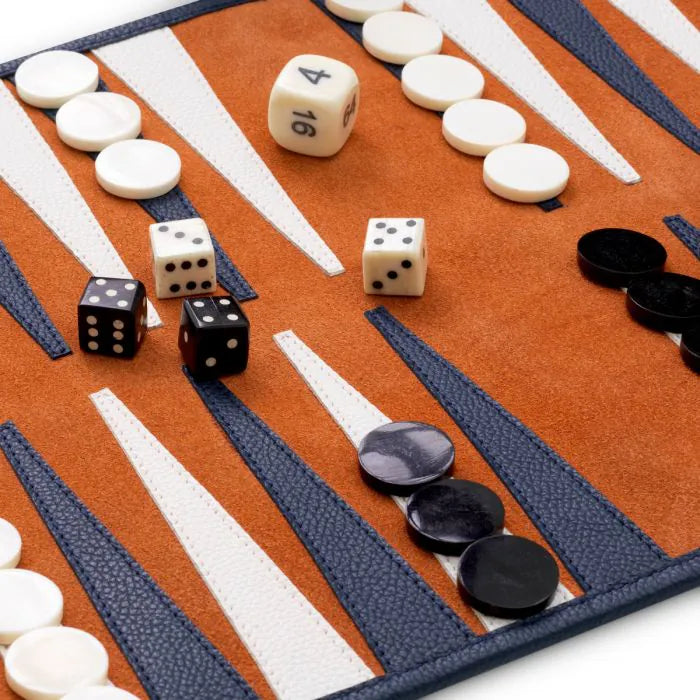 Eichholtz Backgammon Travel Set Monte Lago in blue leather and orange suede