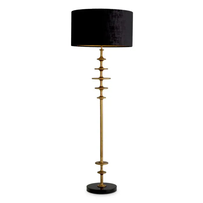 Eichholtz Floor Lamp Rosetti in vintage brass with black granite base and black fabric shade