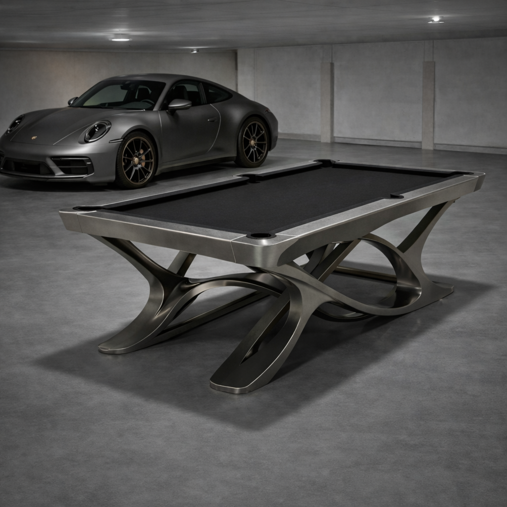 Luxury pool table in stainless steel aristo by Koralturk with porsche 911