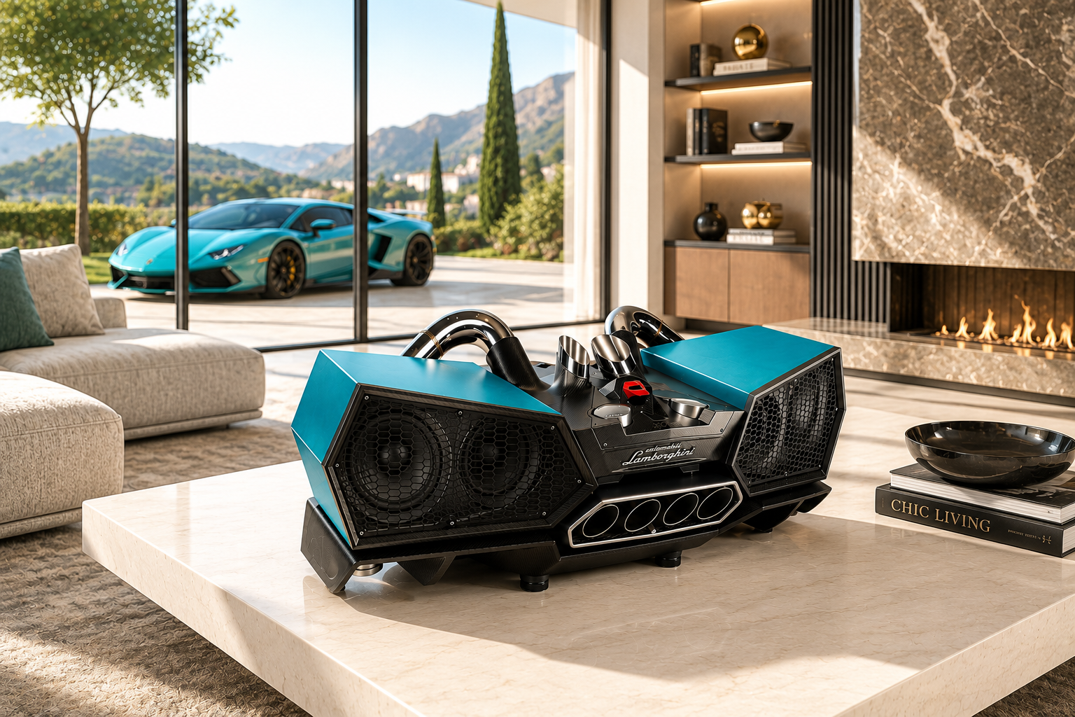 Custom iXOOST ESAVOX Lamborghini speaker in a luxury villa, handcrafted Italian high-end audio system finished to match a turquoise Lamborghini Aventador.