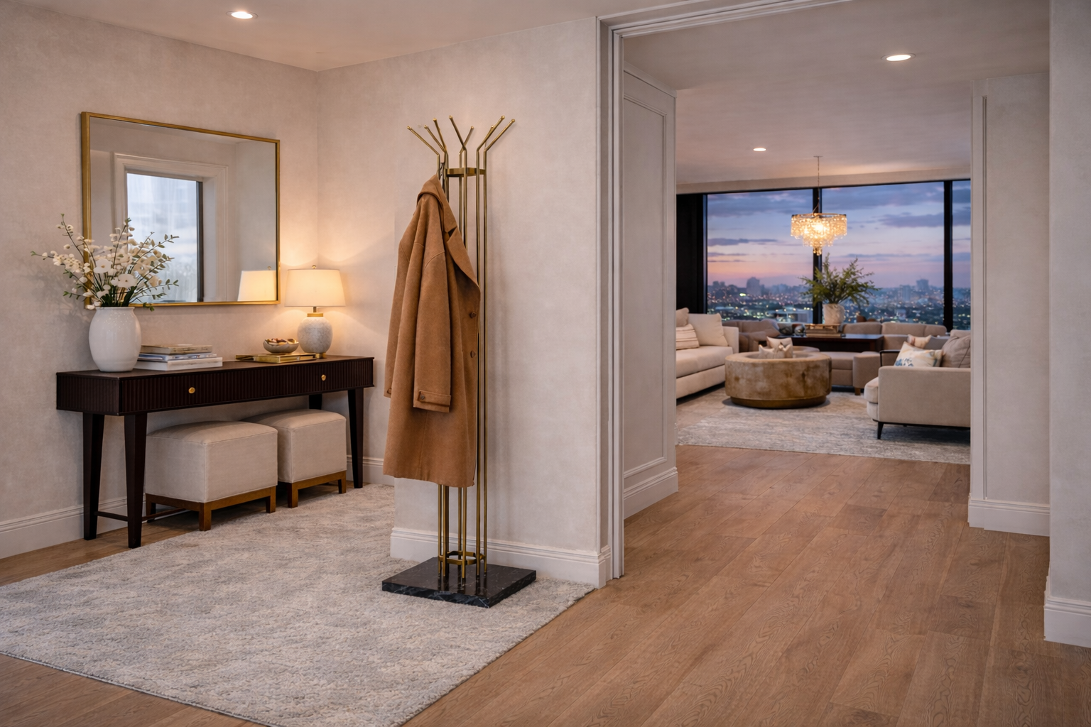 Volterra Coat Rack – elegant designer coat stand in brass finish, modern sculptural hallway furniture for luxury entryways, stylish freestanding coat hanger for contemporary interiors.