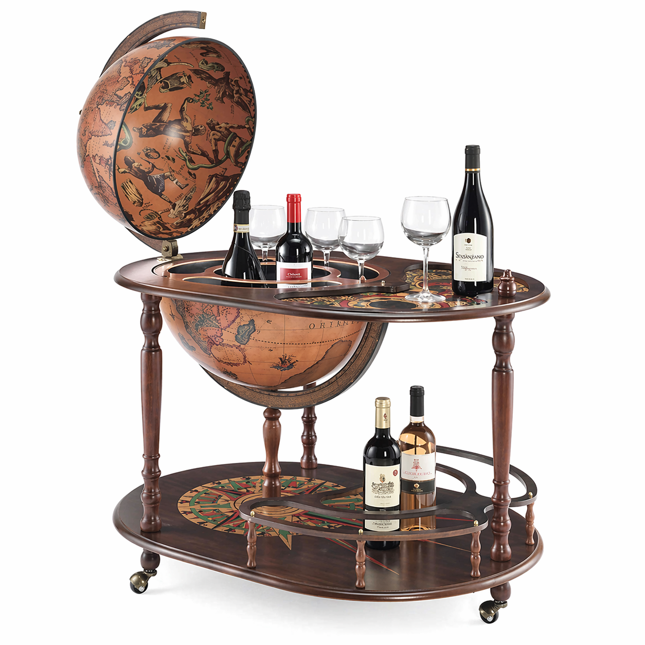 Luxury vintage globe bar cabinet in handcrafted wood with antique world map design, Italian luxury drinks trolley globe for elegant home interiors