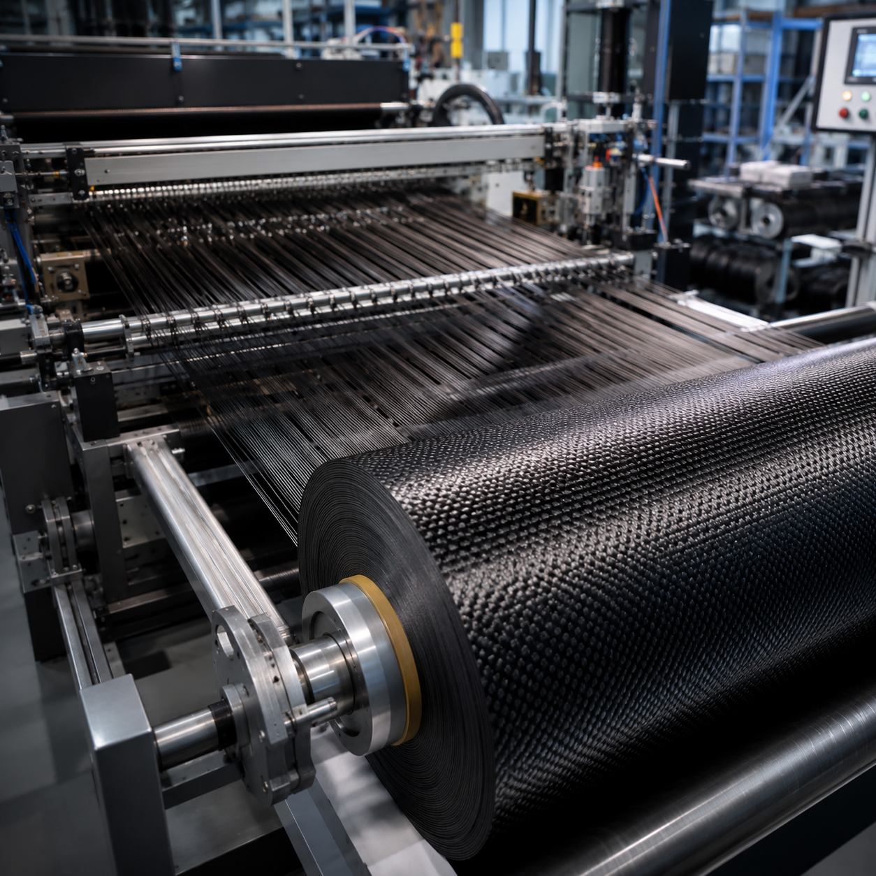 Carbon fiber manufacturing process producing high-performance composite material for luxury automotive engineering and premium audio products.