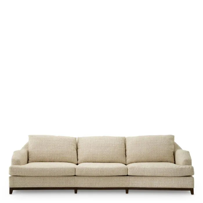 Eichholtz Sofa Vestry three-seater upholstered in beige Winslow chenille with curved arms, deep cushions and mahogany-finish base