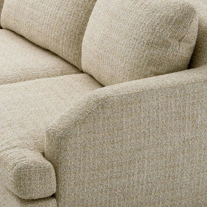 Eichholtz Sofa Vestry three-seater upholstered in beige Winslow chenille with curved arms, deep cushions and mahogany-finish base
