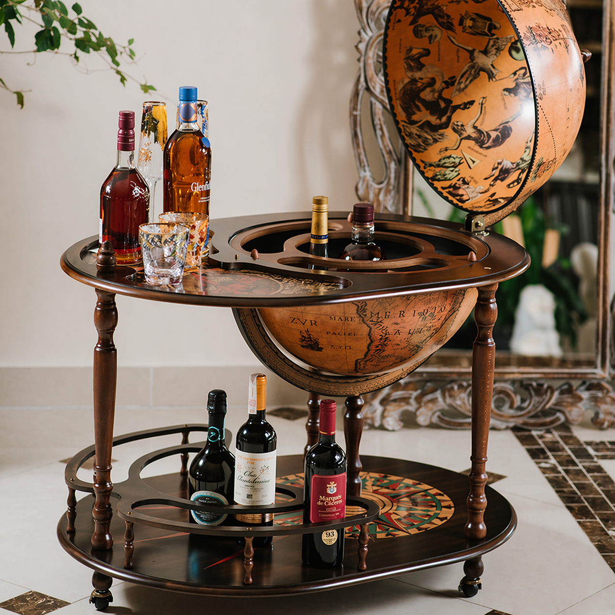Luxury vintage globe bar cabinet in handcrafted wood with antique world map design, Italian luxury drinks trolley globe for elegant home interiors
