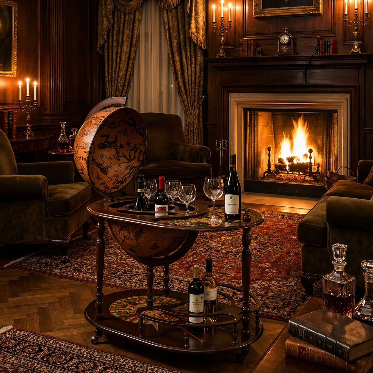 Luxury vintage globe bar cabinet in handcrafted wood with antique world map design, Italian luxury drinks trolley globe for elegant home interiors