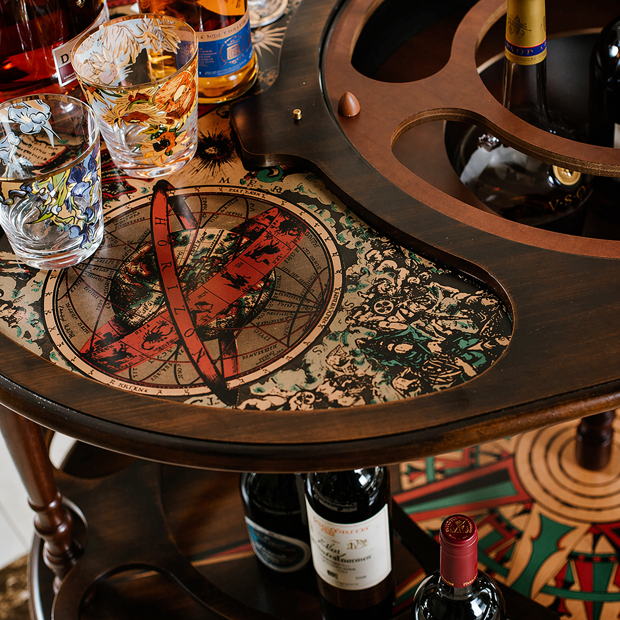 Luxury vintage globe bar cabinet in handcrafted wood with antique world map design, Italian luxury drinks trolley globe for elegant home interiors