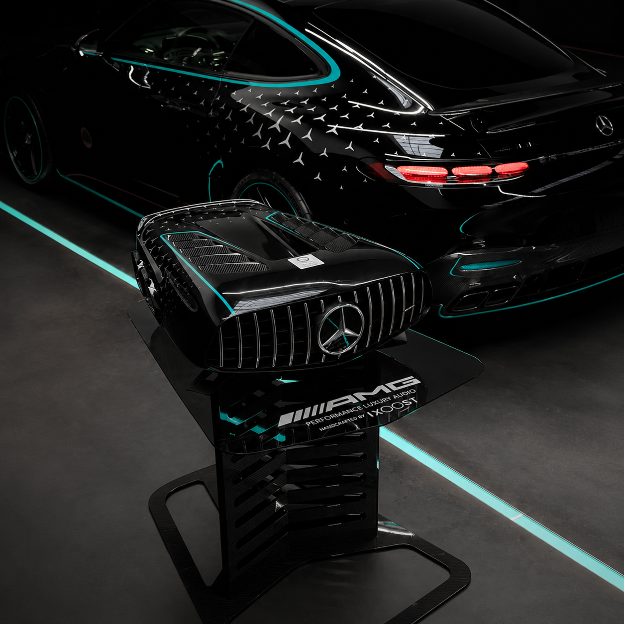 Mercedes-AMG inspired iXOOST luxury speaker handcrafted in Italy for high-end home audio and luxury interior design