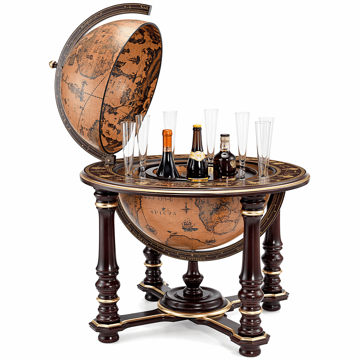 Luxury vintage globe bar cabinet in handcrafted wood with antique world map design, Italian luxury drinks trolley globe for elegant home interiors