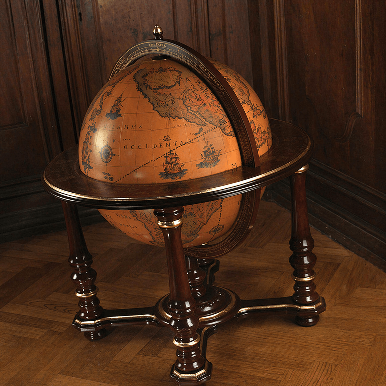 Luxury vintage globe bar cabinet in handcrafted wood with antique world map design, Italian luxury drinks trolley globe for elegant home interiors