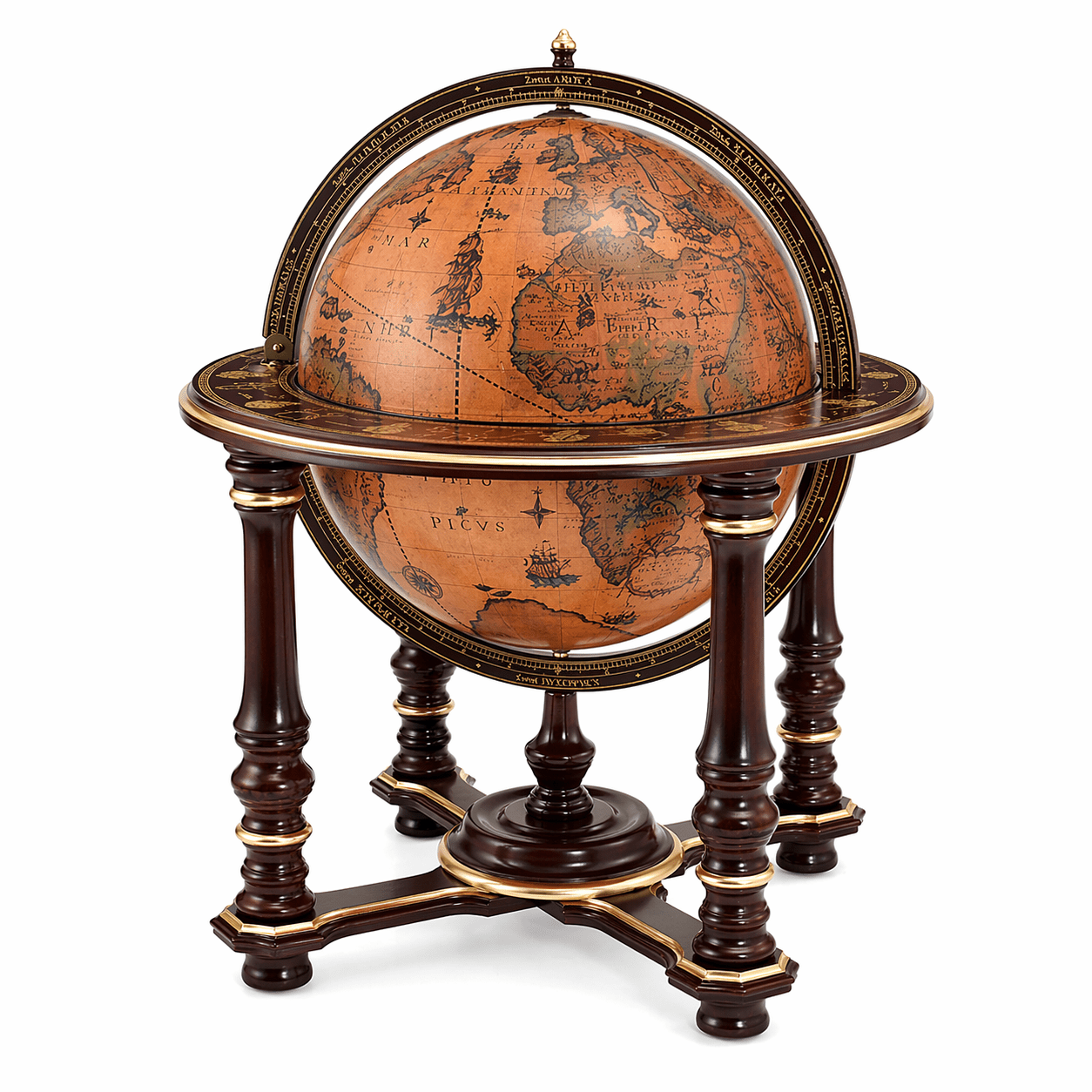 Luxury vintage globe bar cabinet in handcrafted wood with antique world map design, Italian luxury drinks trolley globe for elegant home interiors
