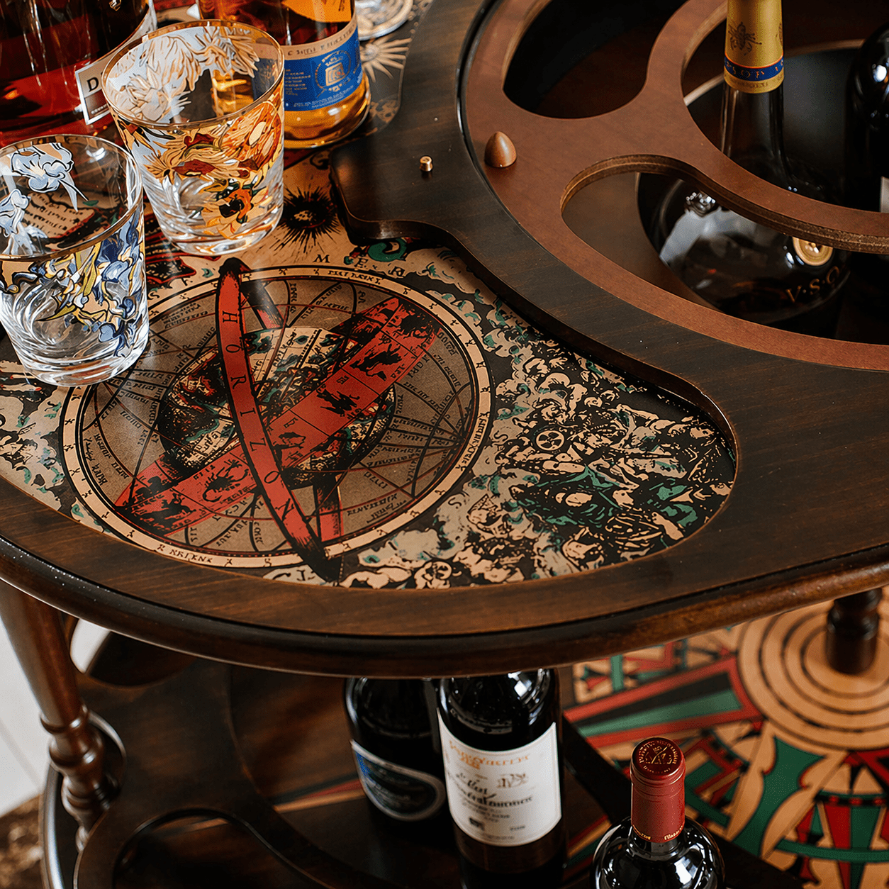 Luxury vintage globe bar cabinet in handcrafted wood with antique world map design, Italian luxury drinks trolley globe for elegant home interiors