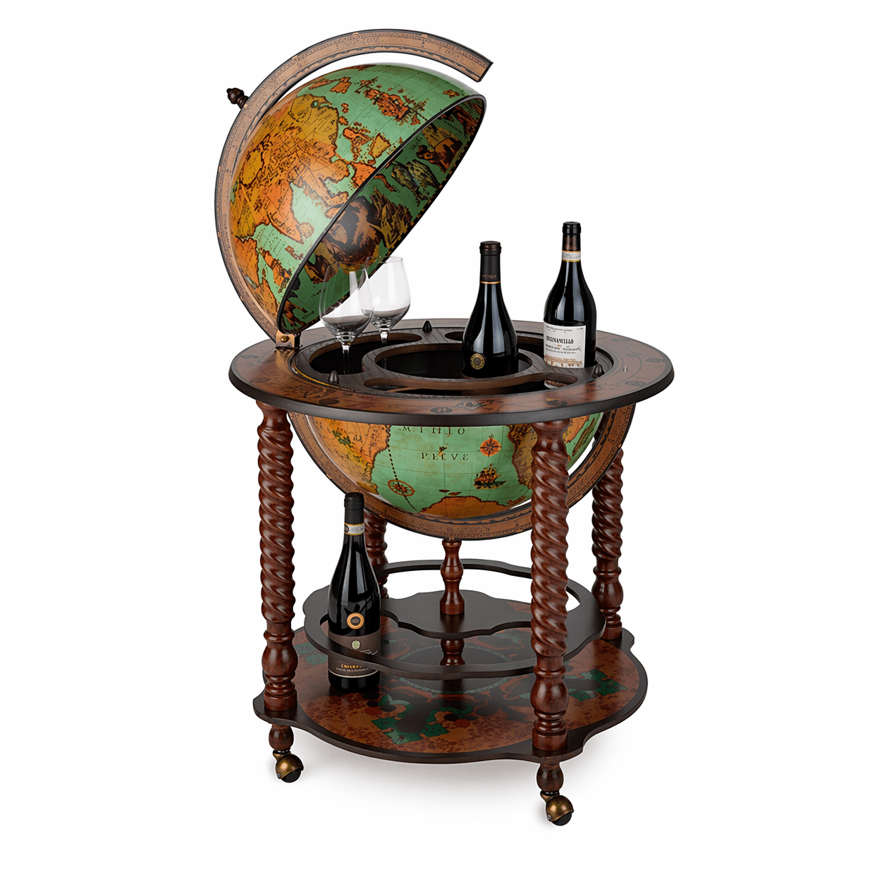 Luxury vintage globe bar cabinet in handcrafted wood with antique world map design, Italian luxury drinks trolley globe for elegant home interiors