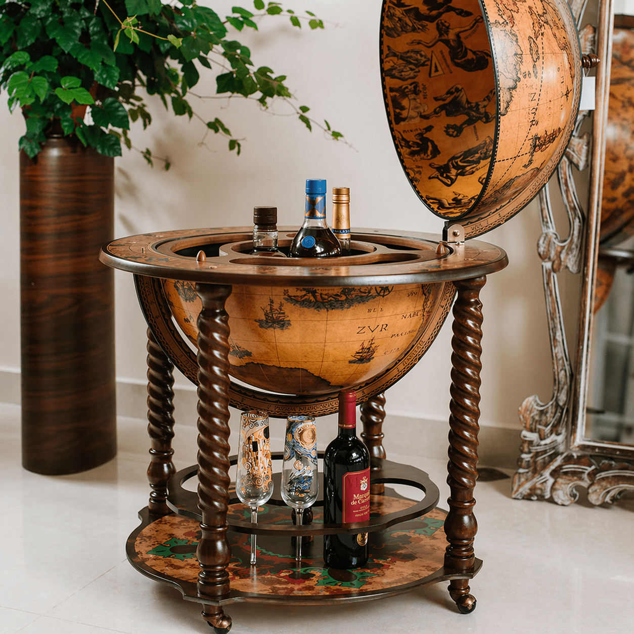 Luxury vintage globe bar cabinet in handcrafted wood with antique world map design, Italian luxury drinks trolley globe for elegant home interiors
