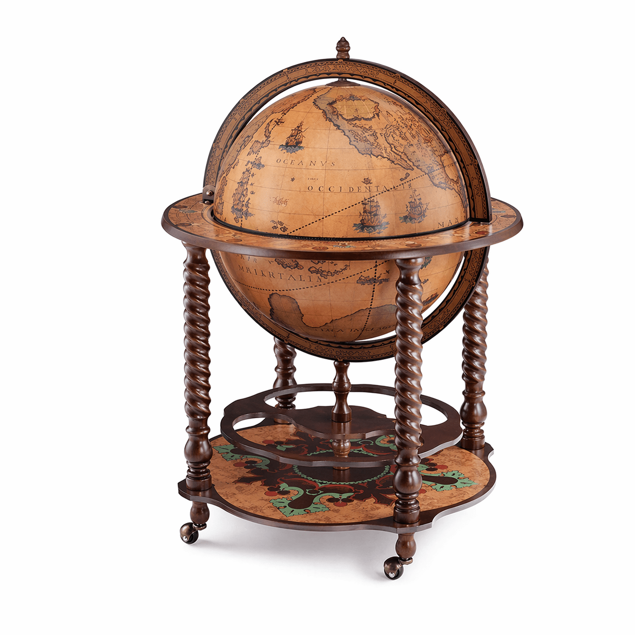 Luxury vintage globe bar cabinet in handcrafted wood with antique world map design, Italian luxury drinks trolley globe for elegant home interiors