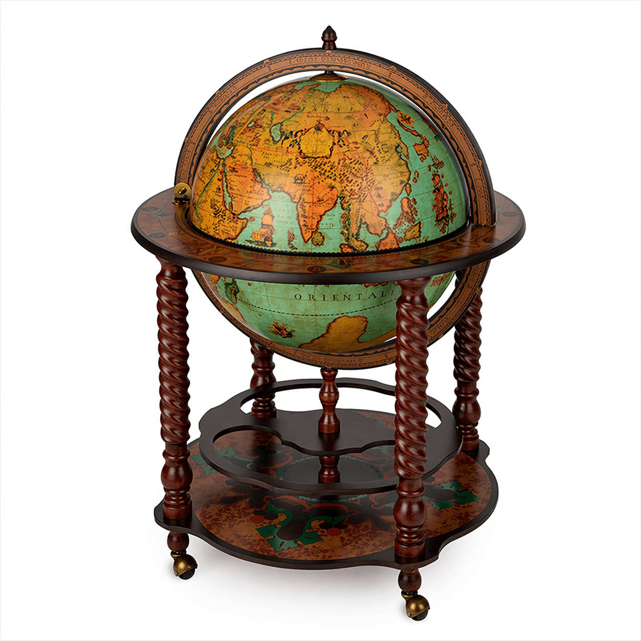 Luxury vintage globe bar cabinet in handcrafted wood with antique world map design, Italian luxury drinks trolley globe for elegant home interiors