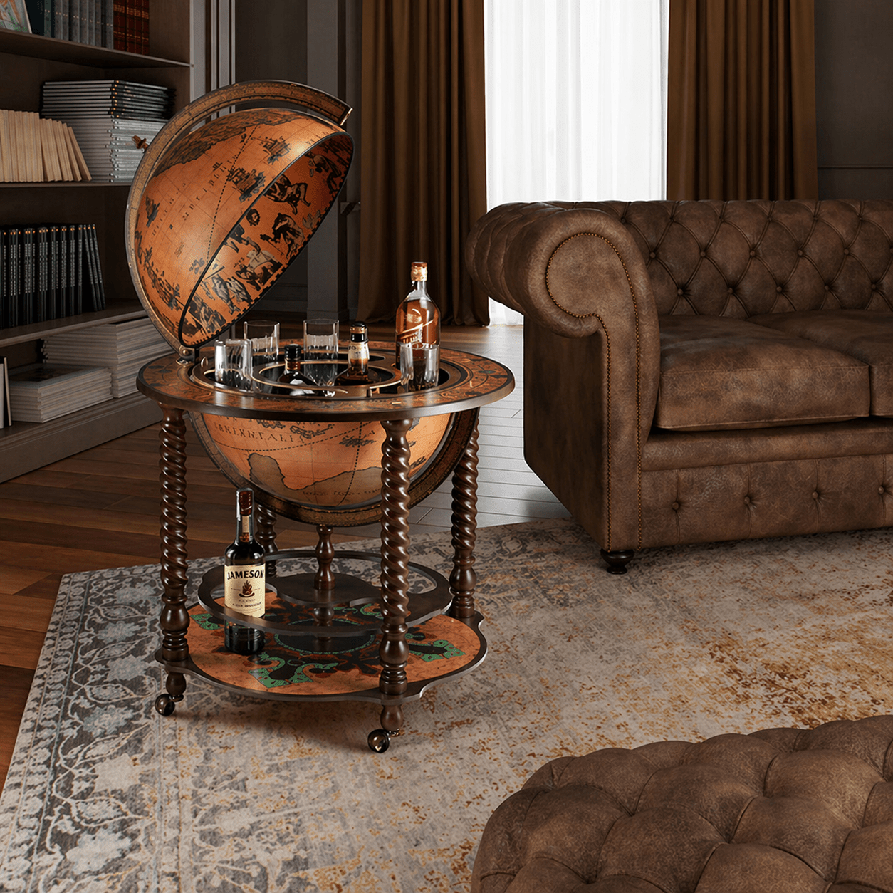 Luxury vintage globe bar cabinet in handcrafted wood with antique world map design, Italian luxury drinks trolley globe for elegant home interiors