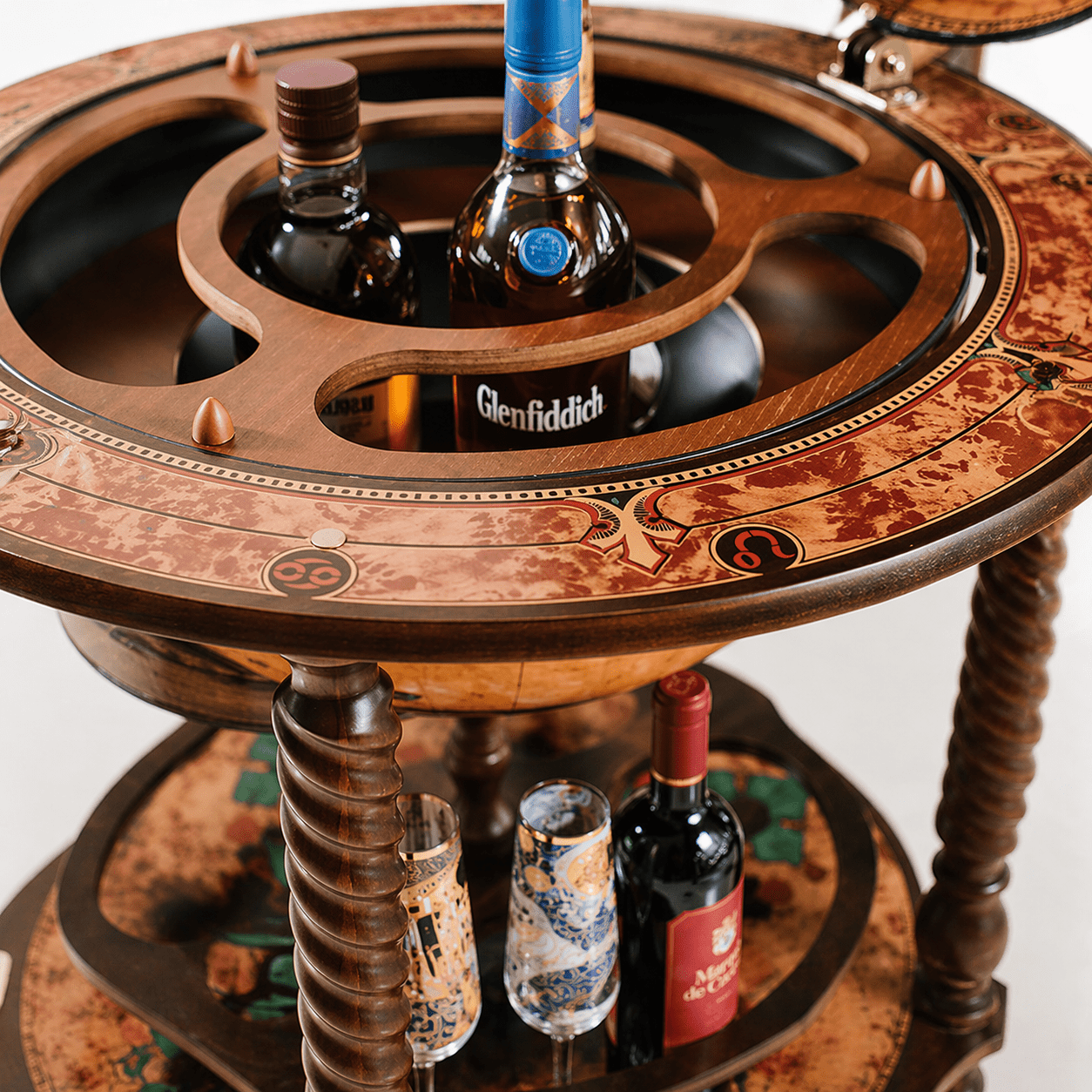Luxury vintage globe bar cabinet in handcrafted wood with antique world map design, Italian luxury drinks trolley globe for elegant home interiors