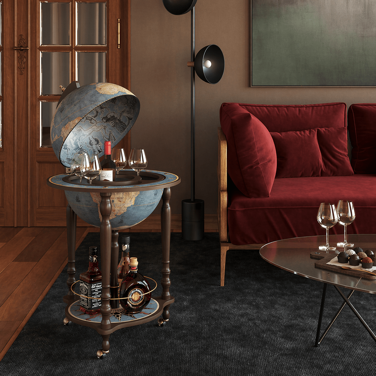 Zoffoli Da Vinci globe bar in luxury Italian wood, handcrafted world globe drinks cabinet with vintage cartography design for elegant home interiors