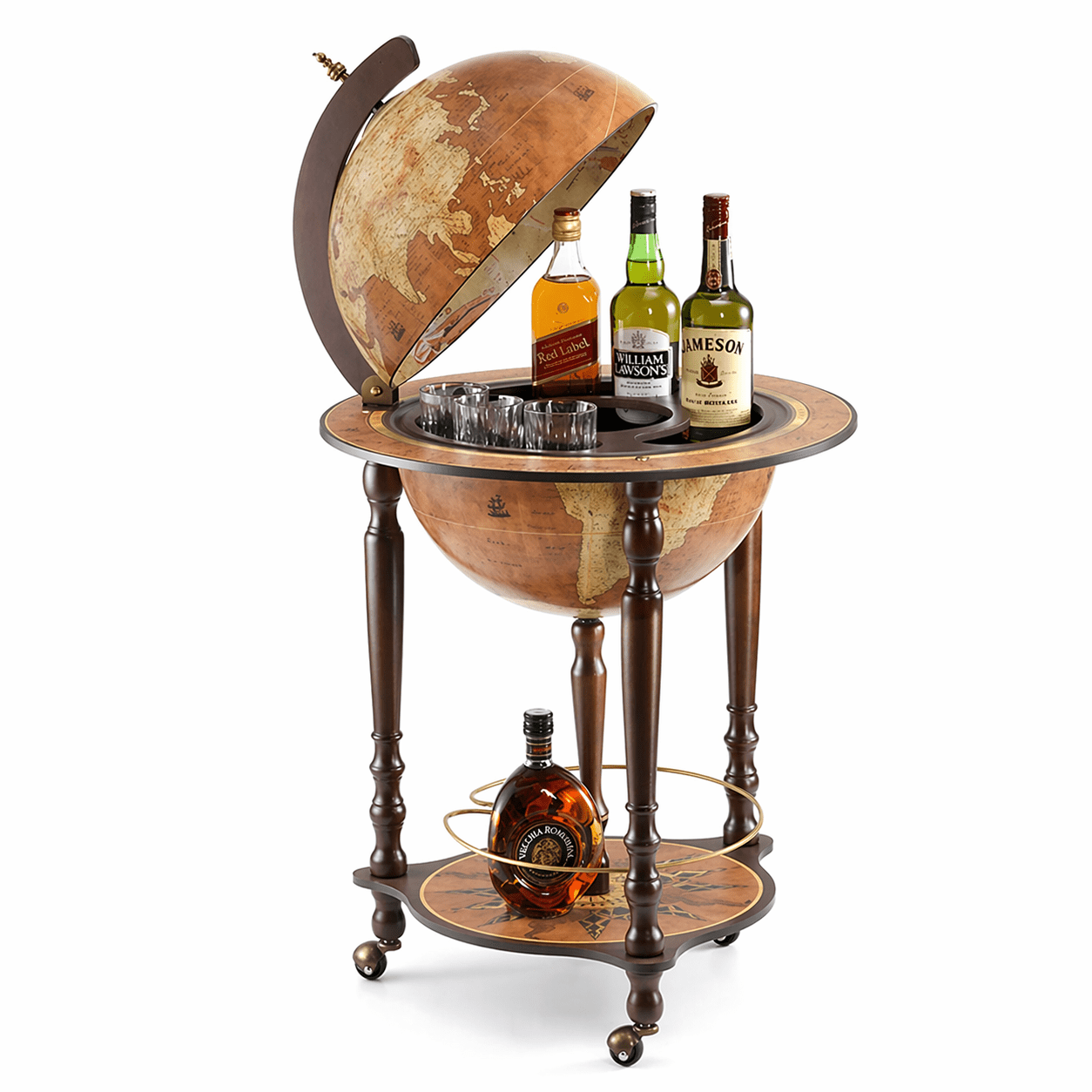Zoffoli Da Vinci globe bar in luxury Italian wood, handcrafted world globe drinks cabinet with vintage cartography design for elegant home interiors