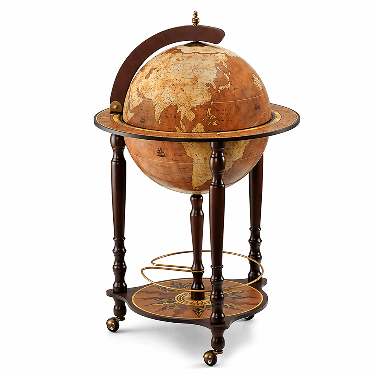 Zoffoli Da Vinci globe bar in luxury Italian wood, handcrafted world globe drinks cabinet with vintage cartography design for elegant home interiors