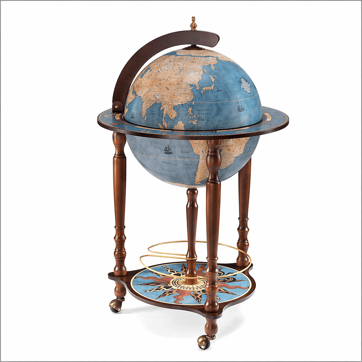 Zoffoli Da Vinci globe bar in luxury Italian wood, handcrafted world globe drinks cabinet with vintage cartography design for elegant home interiors