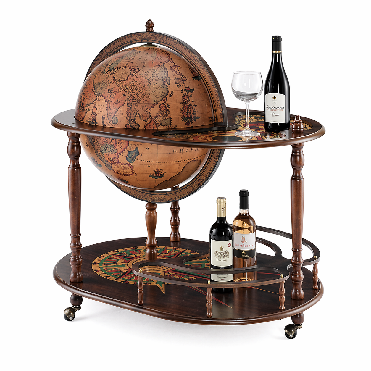 Luxury vintage globe bar cabinet in handcrafted wood with antique world map design, Italian luxury drinks trolley globe for elegant home interiors
