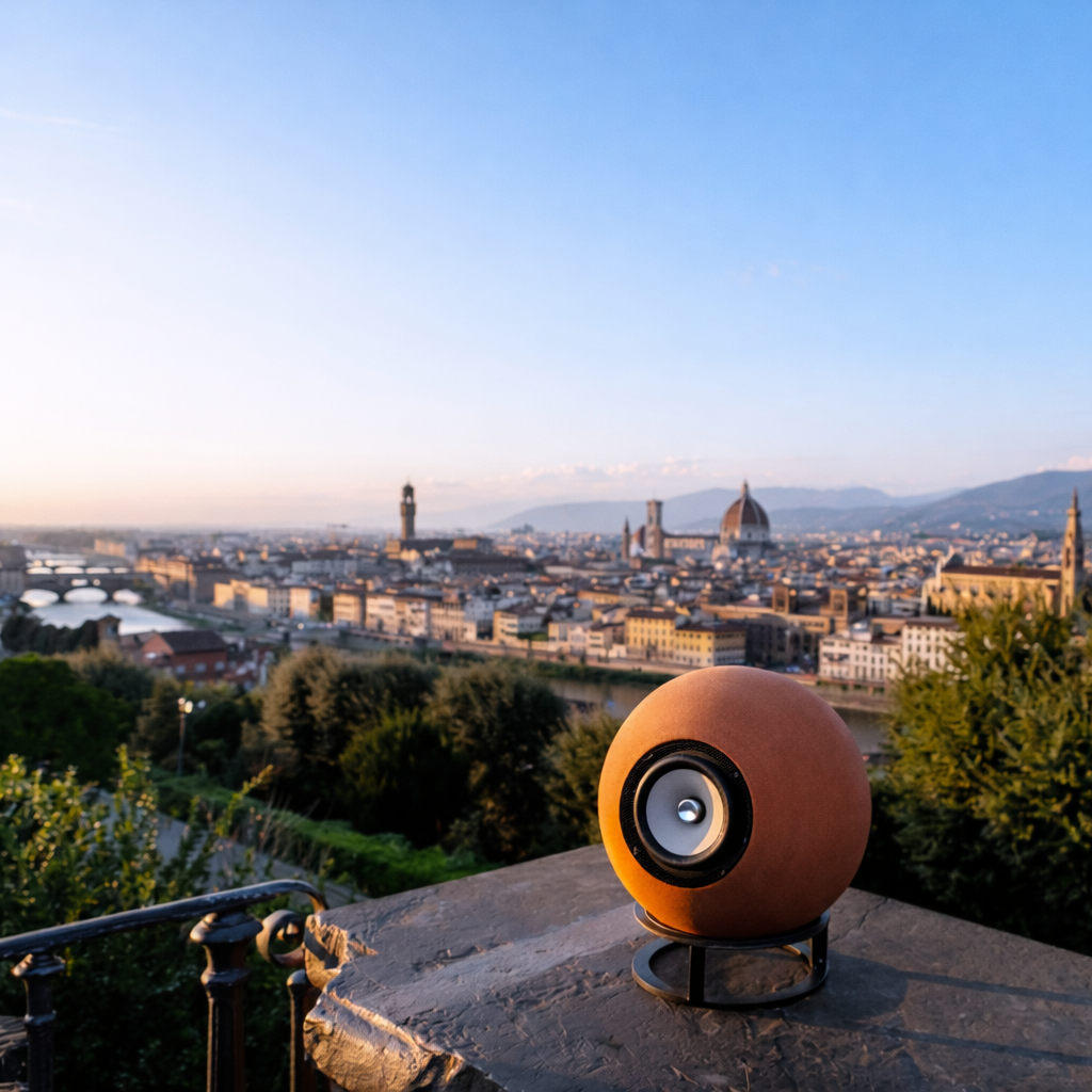 Luxury portable speaker in clay by Dedalica with view