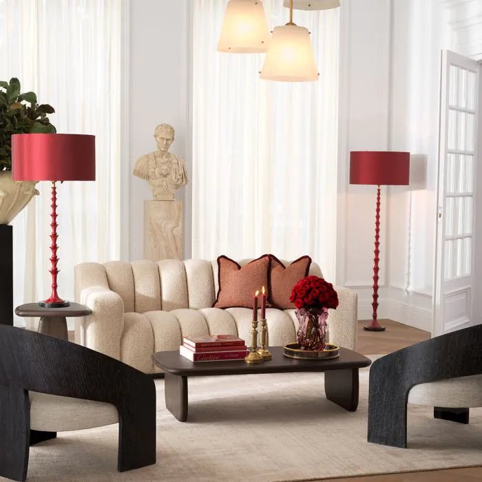 Floor Lamp Arabella in bordeaux red finish with silk-look shade