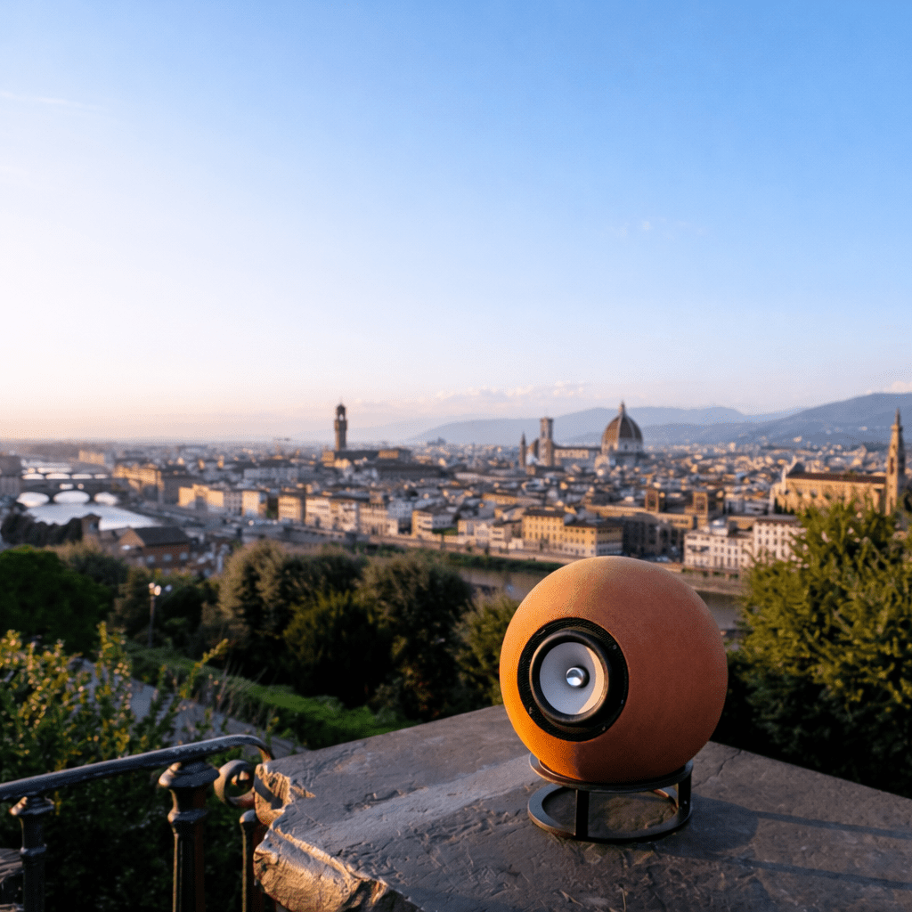 Luxury portable speaker in clay by Dedalica with view